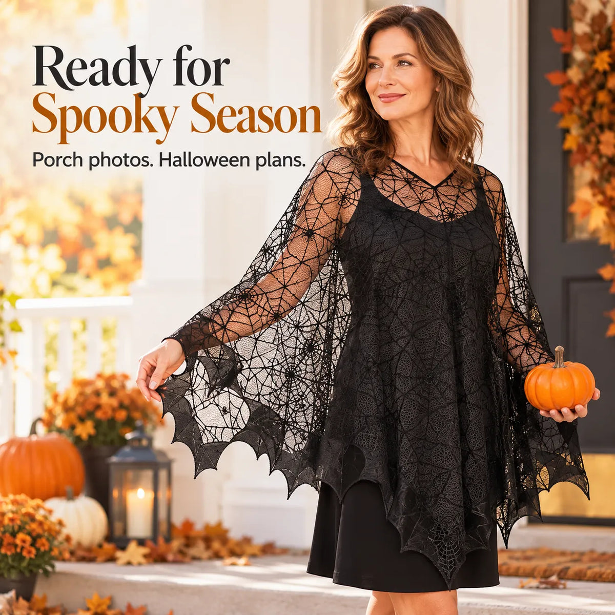 🕸️ Halloween Spiderweb Lace Poncho – Black Sheer Costume Cape with Batwing Hem 🎃