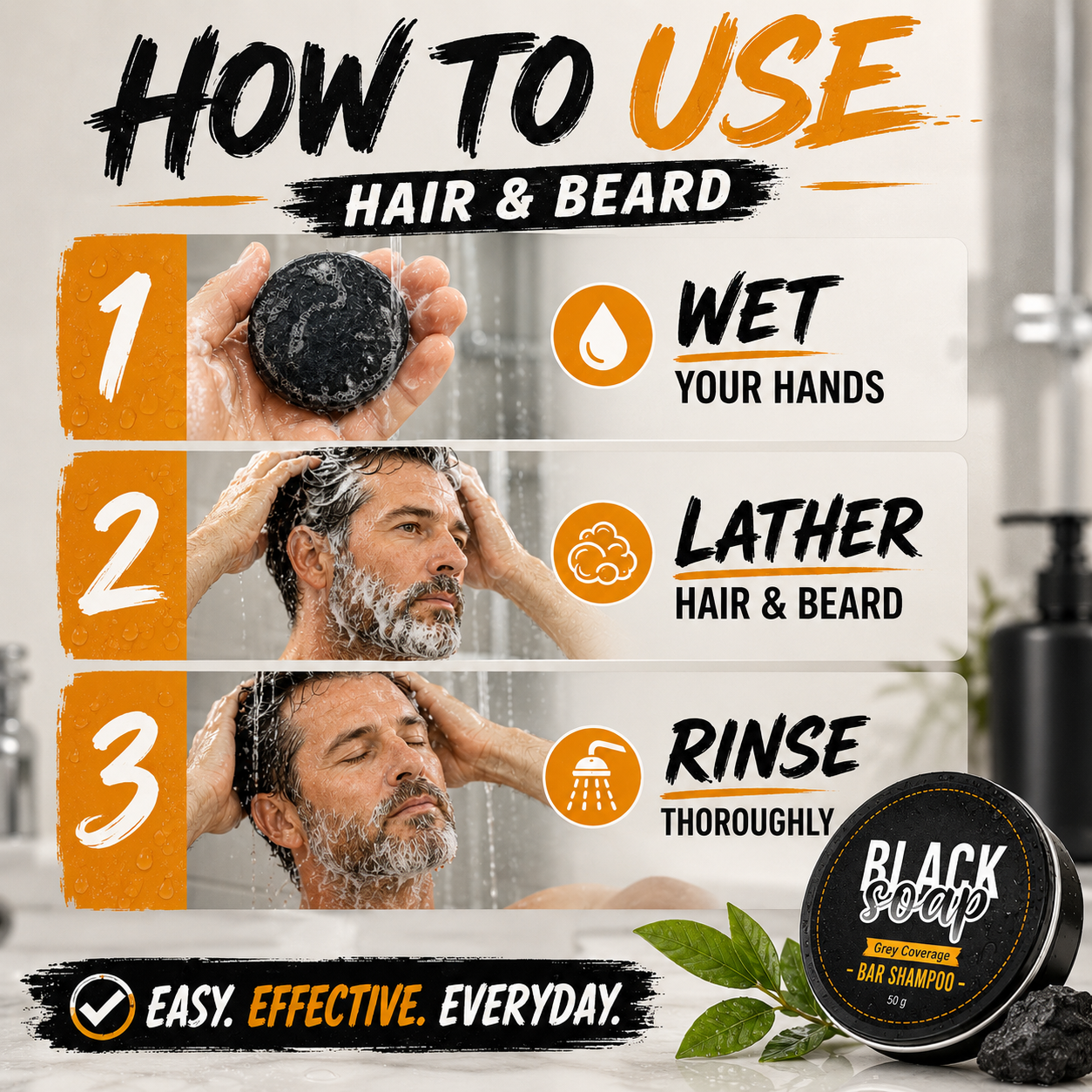 ✨ Black Soap Hair & Beard Grey Coverage Shampoo Bar