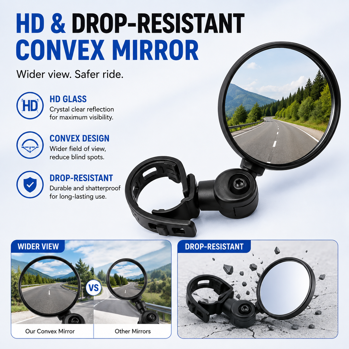 👁️Two-pack of multi-angle convex bicycle rearview mirrors - suitable for bicycle handlebars with a diameter of 1.5-3 cm