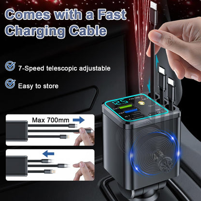 🚗120W 5-in-1 Fast Retractable Car Charger with Ambient Starry Light