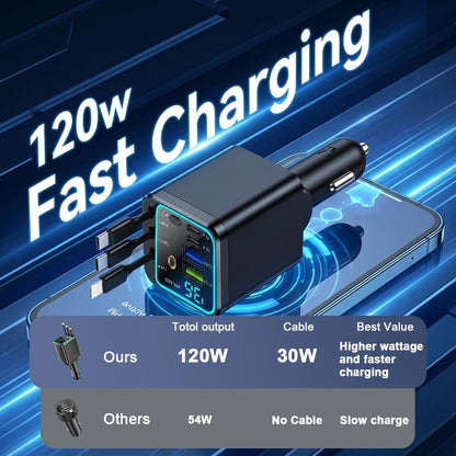 🚗120W 5-in-1 Fast Retractable Car Charger with Ambient Starry Light
