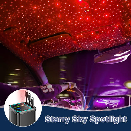 🚗120W 5-in-1 Fast Retractable Car Charger with Ambient Starry Light