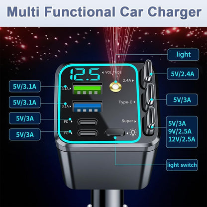 🚗120W 5-in-1 Fast Retractable Car Charger with Ambient Starry Light
