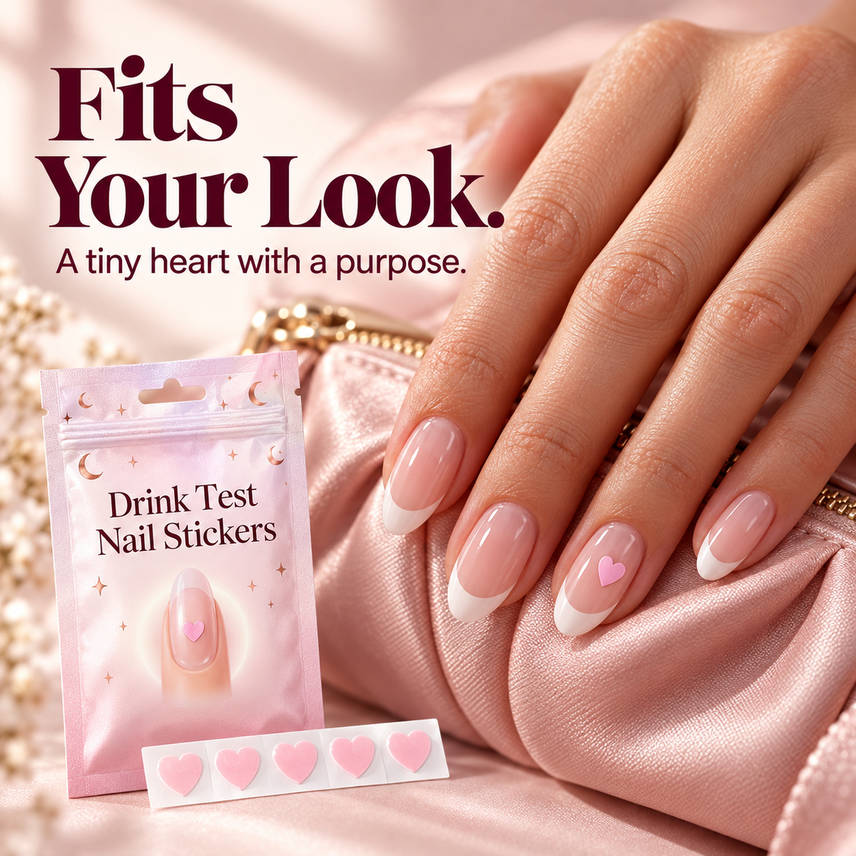 Pink Heart Drink Test Nail Stickers — Discreet Style, an Extra Safety Check