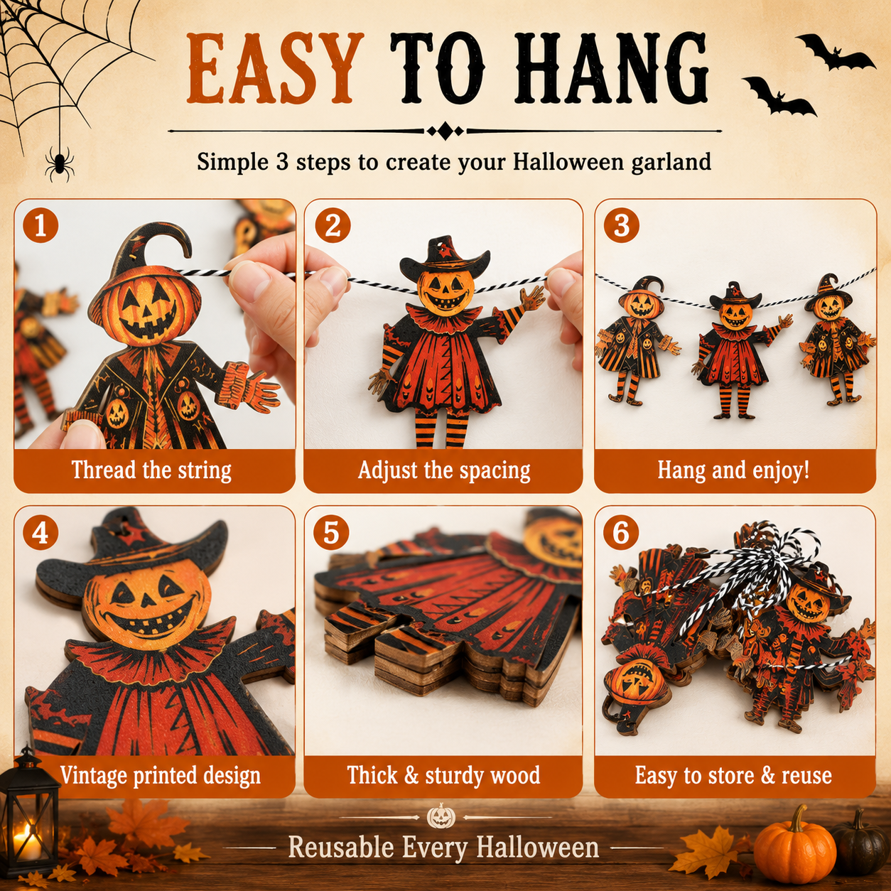 Vintage Wooden Pumpkin Banner (6 Pcs) 🎃