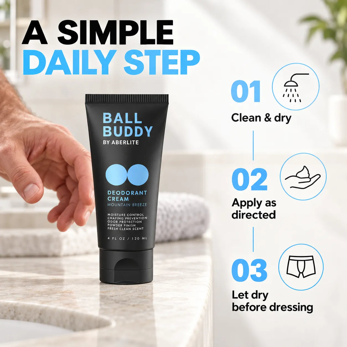 🧴 Men’s Groin Deodorant Cream – Powder-Like Finish & Anti-Chafing Care, Mountain Breeze, 4 fl oz