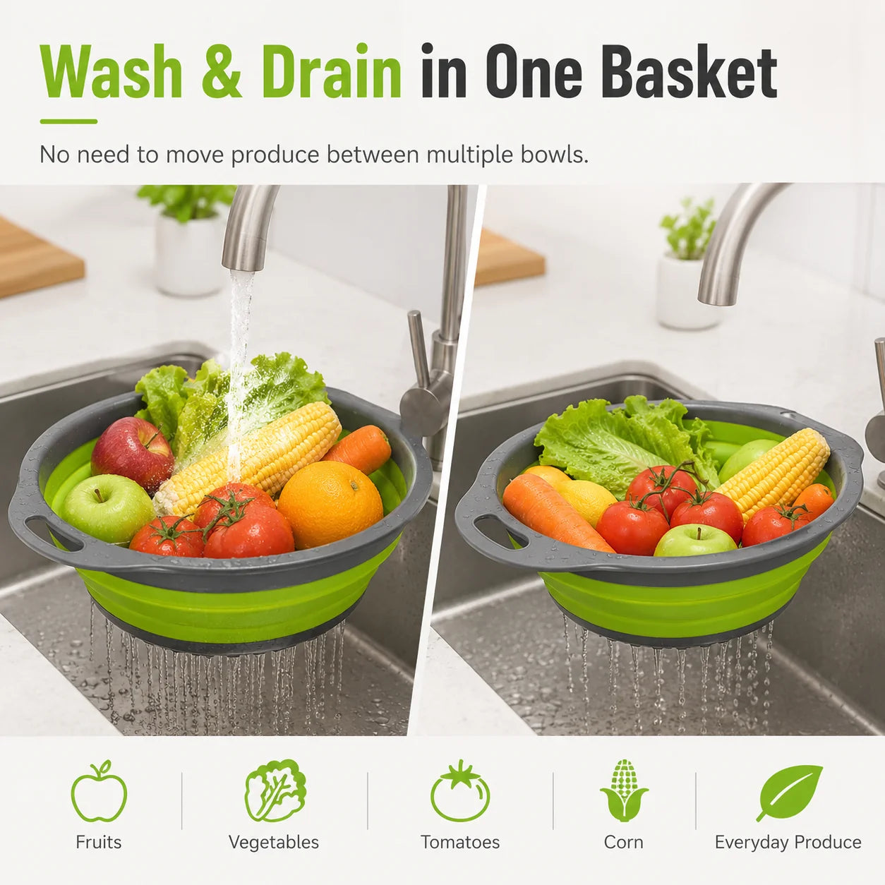 Collapsible Colander Set with Oversized Draining Tray