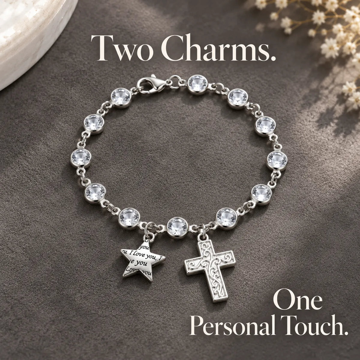 ✨ Sparkling Charm Chain with Faceted Stones – Silver-Tone Bow, Star & Cross Styles 🎁