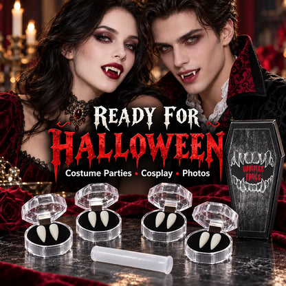 🦇 Your Vampire Look: 4-Size Ivory Fangs Kit & Coffin Box