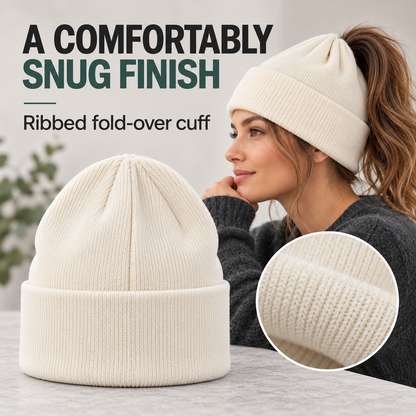 🧶 Magnetic Ponytail Beanie – Cozy Knit Hat with Ear-Covering Cuff