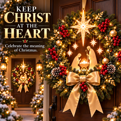 Lighted Nativity Christmas Wreath with Star and Gold Bow