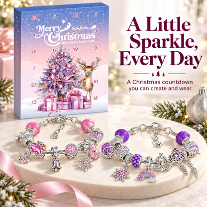 🎄 Christmas Advent Calendar 24 Days DIY Charm Bracelet & Necklace Making Kit, Purple Pink Crystal Beads Jewelry Set, Christmas Gift for Girls