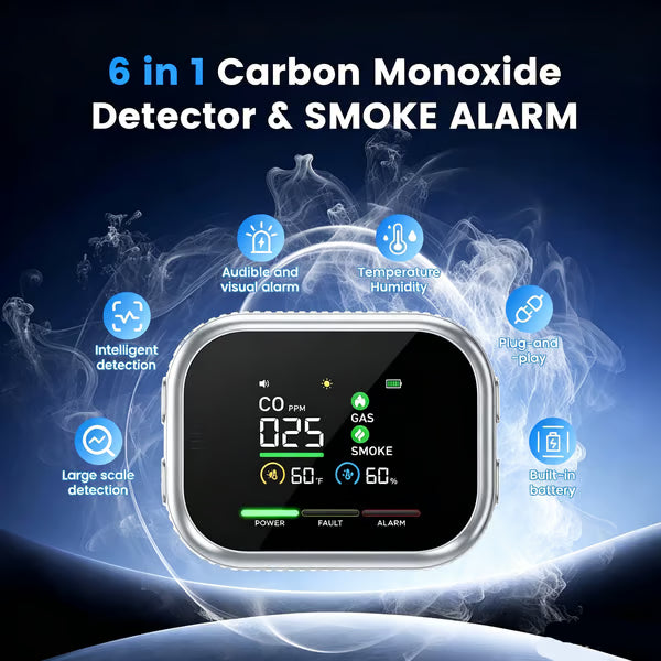 🚨 Smart 6-in-1 Gas Detector – CO Smoke & Gas Leak Alarm With LCD Display