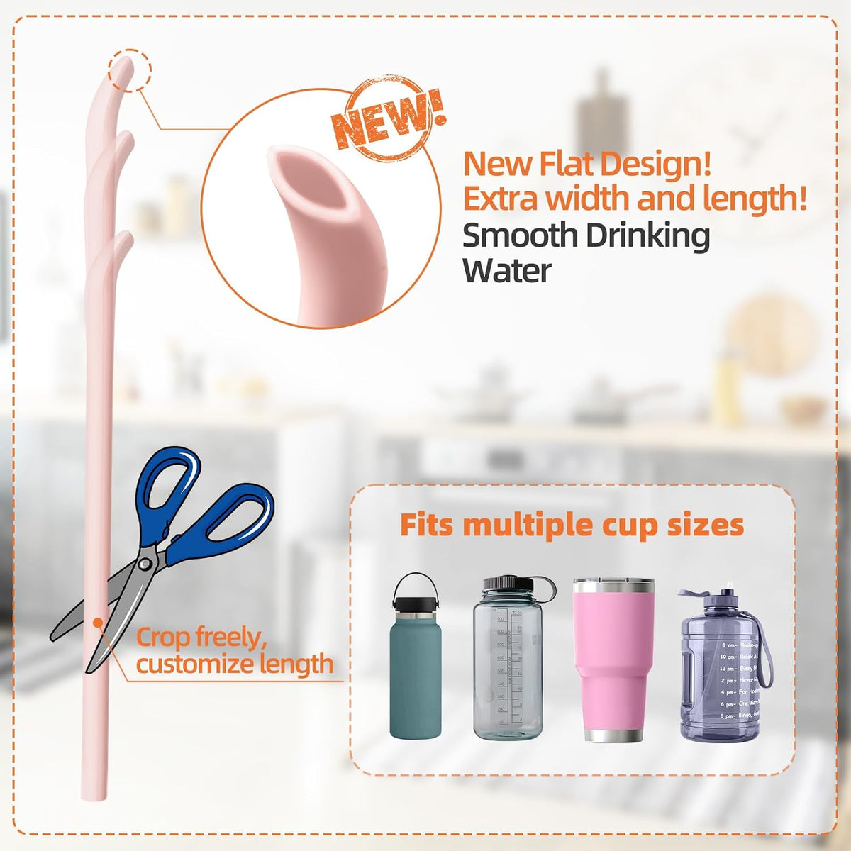 🥤8-piece set Flat wide-mouth reusable wrinkle-resistant silicone straw - with cleaning brush