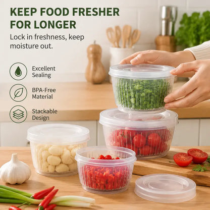 🥬5-Pack Multifunctional Food Storage Containers – With Drain Colander and Airtight Lid
