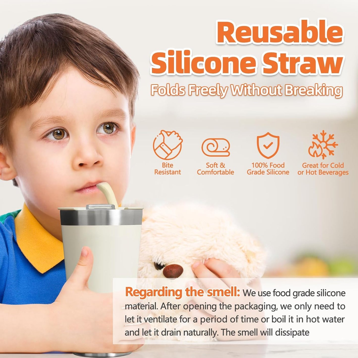 🥤8-piece set Flat wide-mouth reusable wrinkle-resistant silicone straw - with cleaning brush