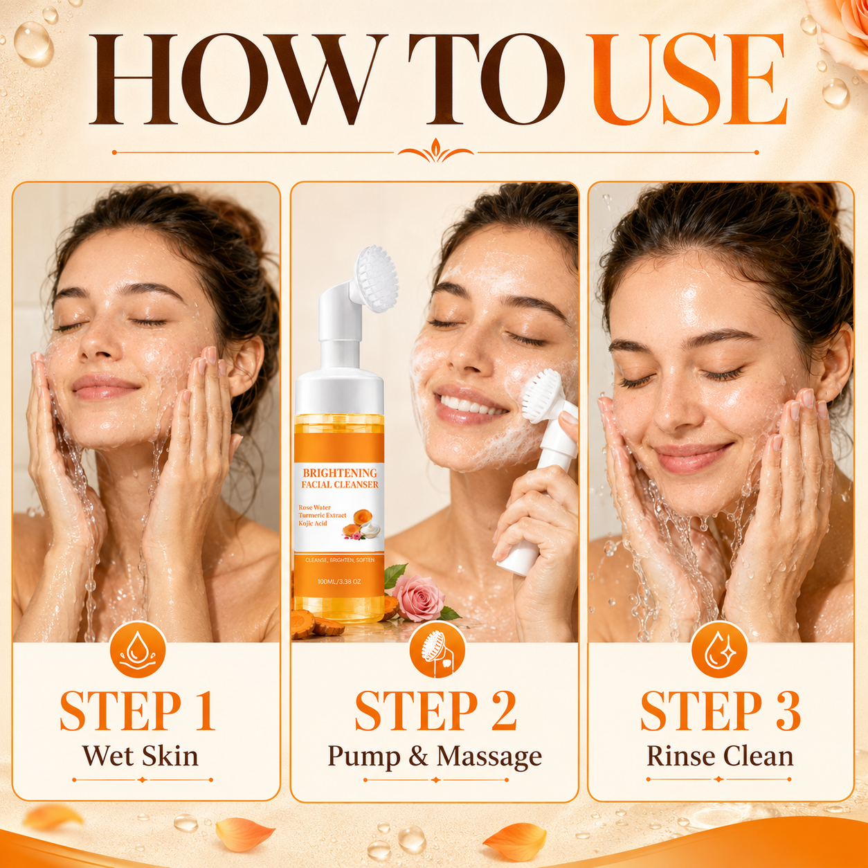 ✨ Turmeric & Kojic Acid Brightening Facial Cleanser Foaming Brush