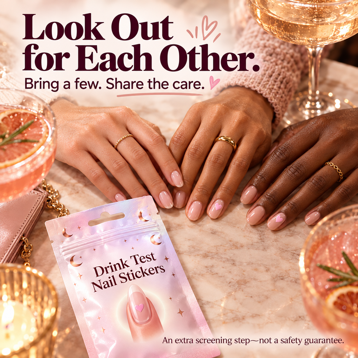 Pink Heart Drink Test Nail Stickers — Discreet Style, an Extra Safety Check