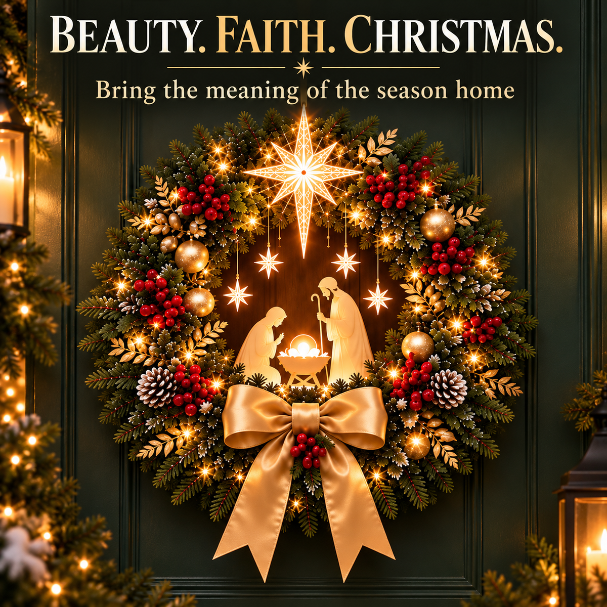 Lighted Nativity Christmas Wreath with Star and Gold Bow