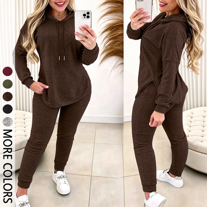 Women's Solid Basic 2-Piece Outfit, Drawstring Hooded Long Sleeve Top & Slim Fit Casual Pants 🧥👖
