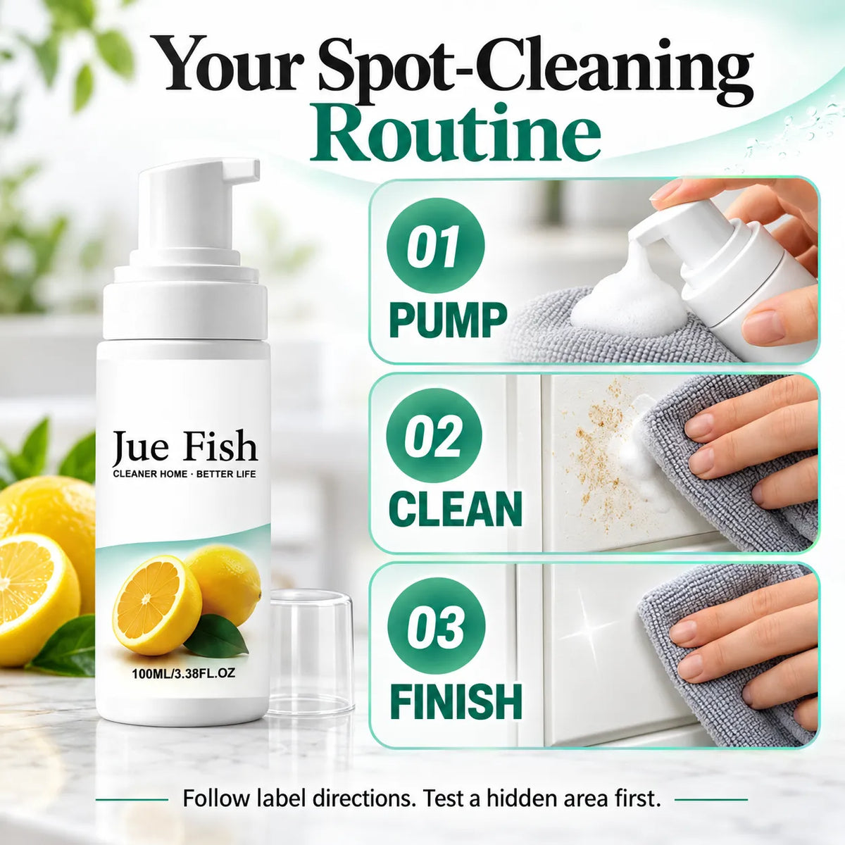 🍋 Jue Fish Multi-Surface Foaming Cleaner — Lemon-Scented Spot Cleaning for Home & Car ✨