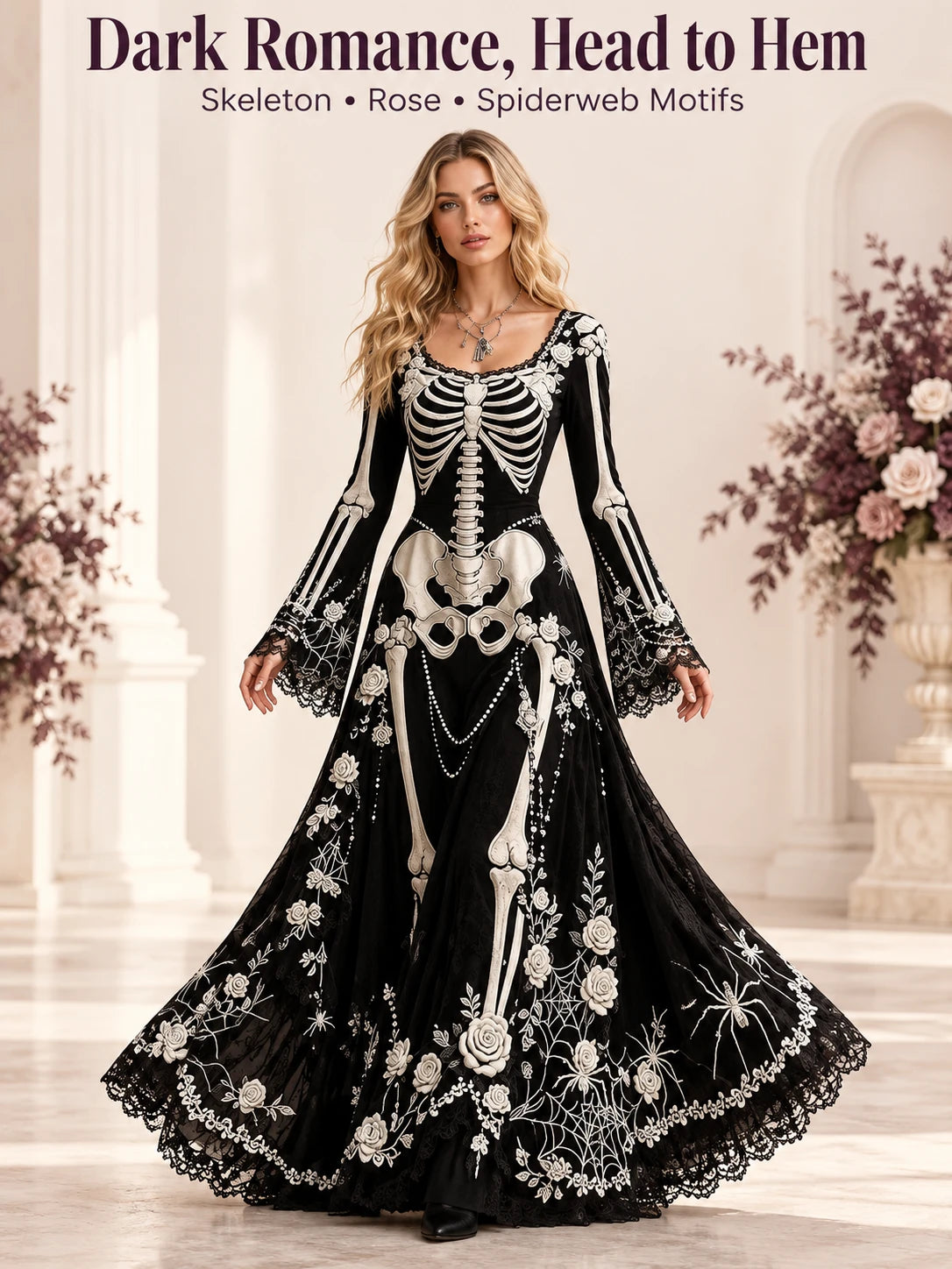 Gothic Skeleton Maxi Dress for Halloween | Bell Sleeve 🕸️