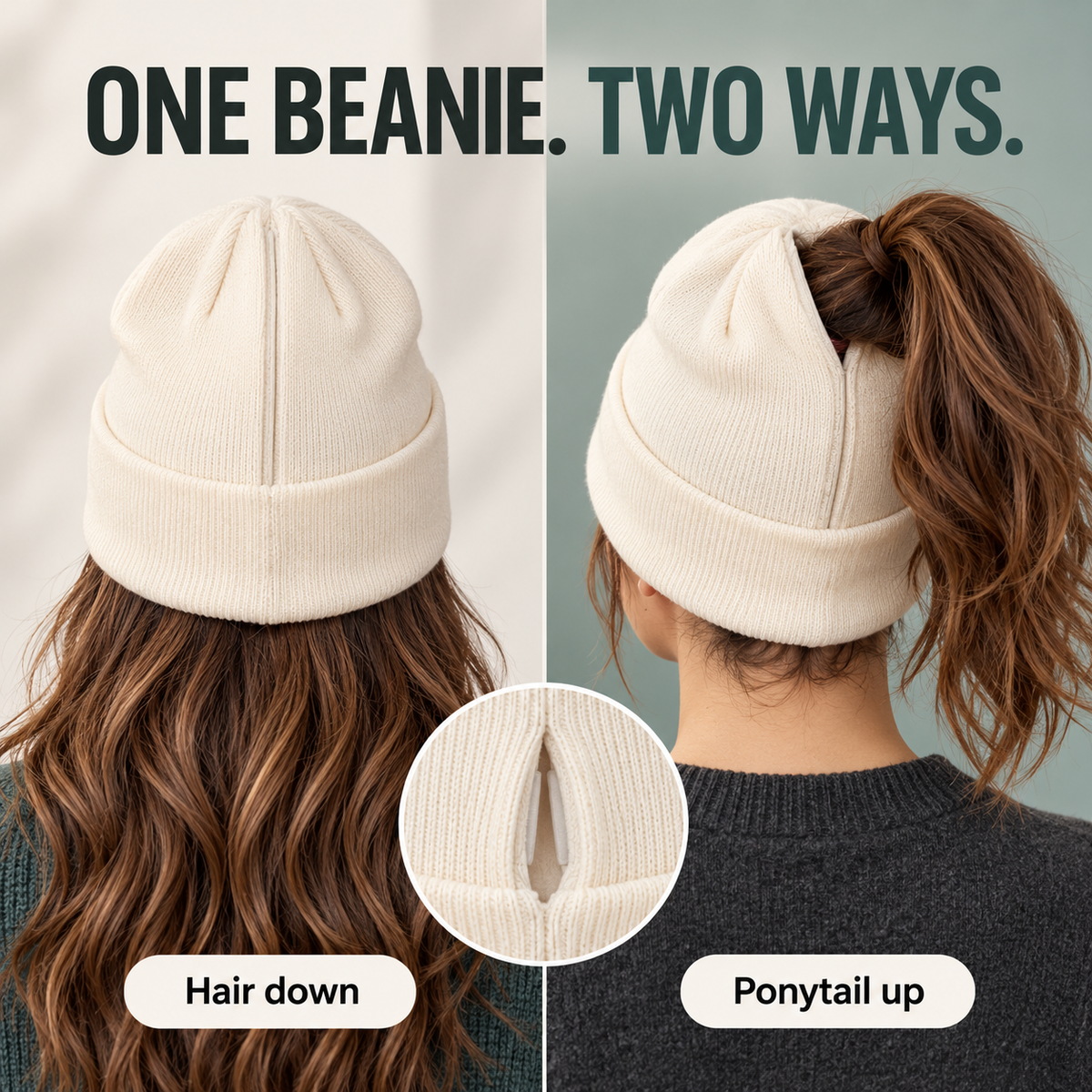 🧶 Magnetic Ponytail Beanie – Cozy Knit Hat with Ear-Covering Cuff