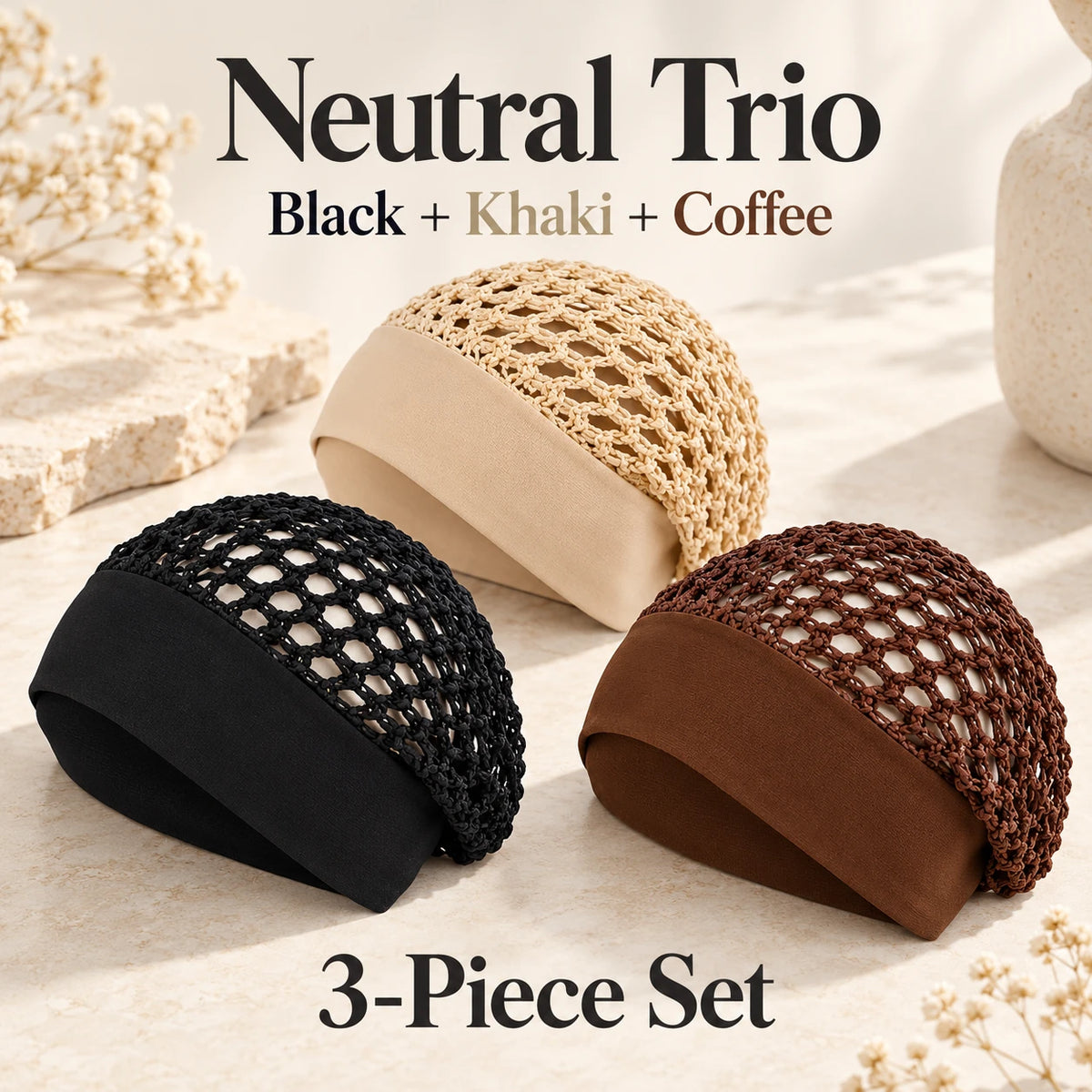 🌙 Sleep Cap 3-Pack — Open-Weave, Wide Band Bedtime Hair Wrap