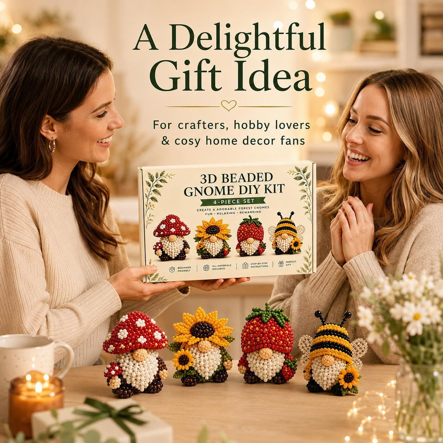 ✨3D Beaded Gnome DIY Kit - Whimsical Cozy Miniature Crafting Set🎃
