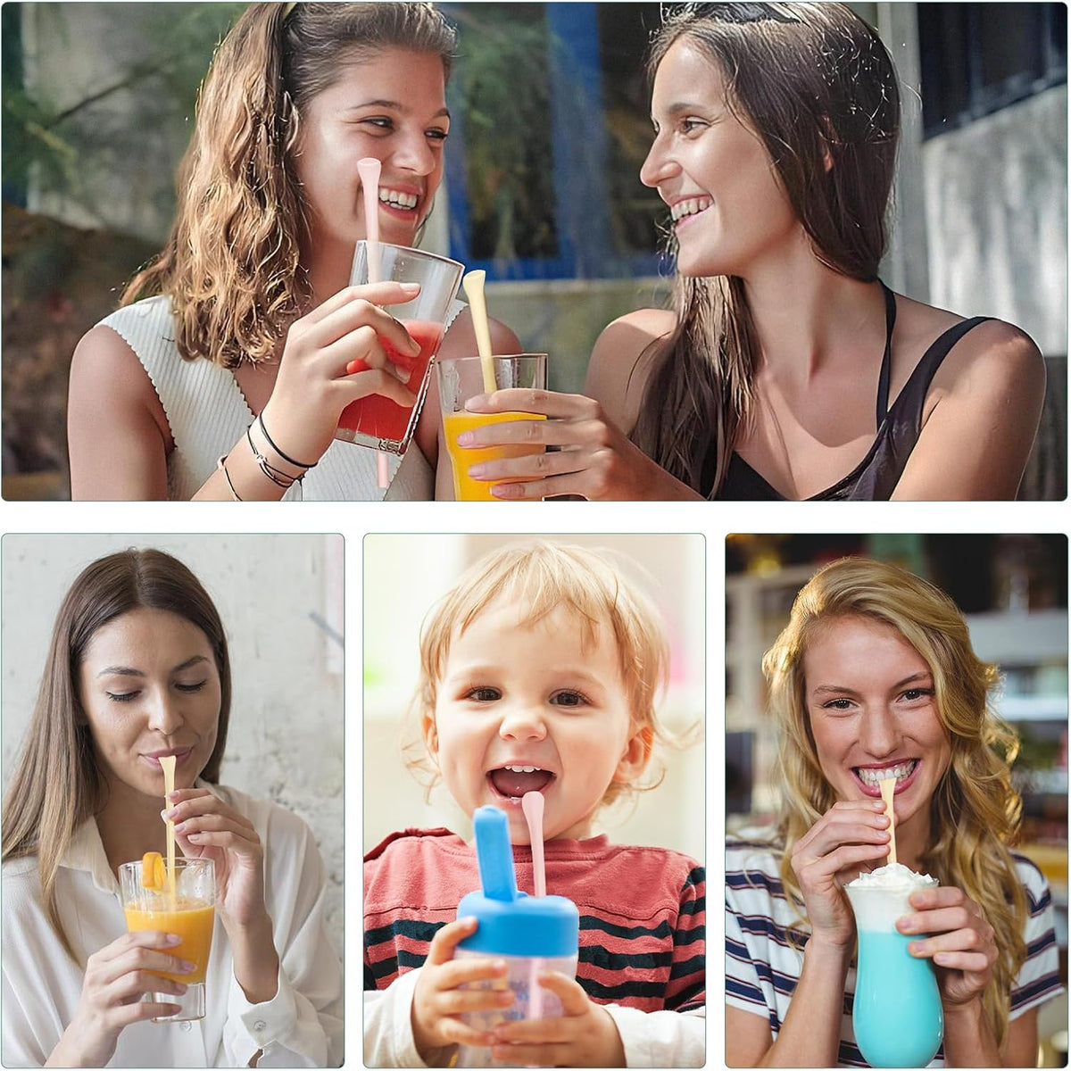 🥤8-piece set Flat wide-mouth reusable wrinkle-resistant silicone straw - with cleaning brush