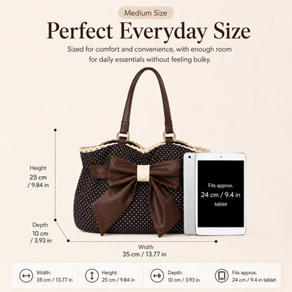 👜 Vintage Polka Dot Canvas Tote Bag for Women, Oversized Bow Shoulder Bag with Lace Trim