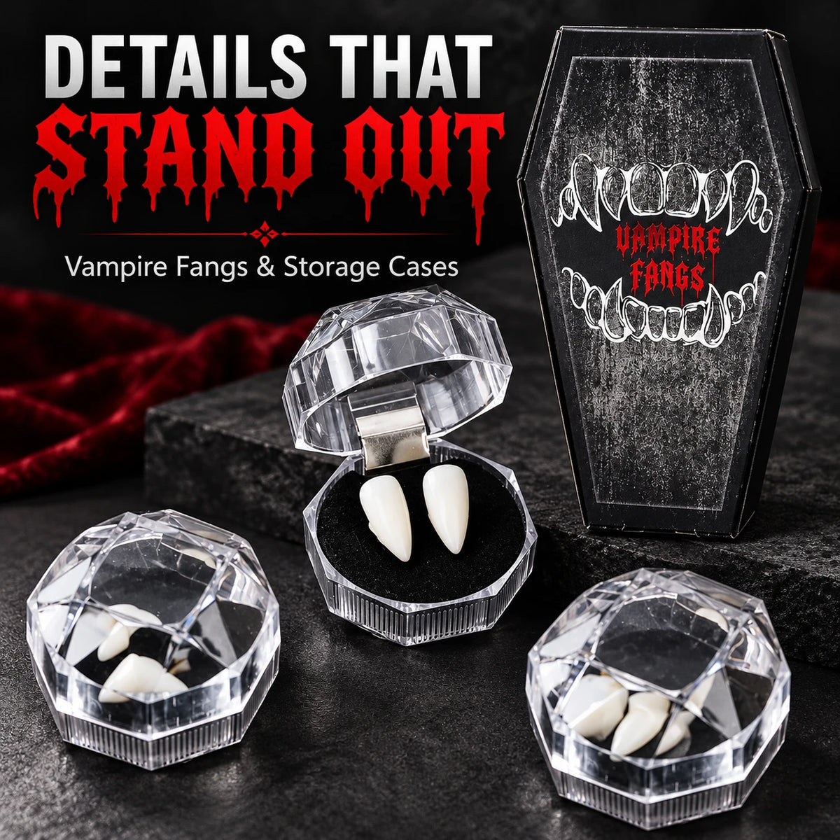 🦇 Your Vampire Look: 4-Size Ivory Fangs Kit & Coffin Box