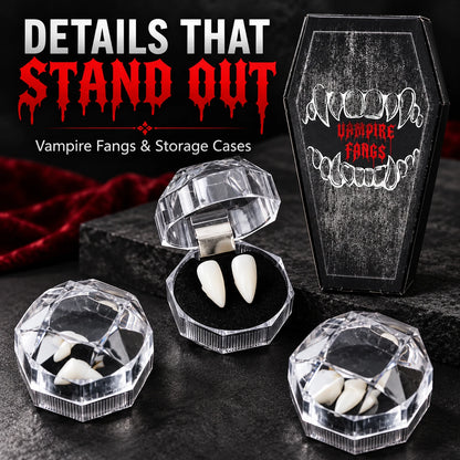 🦇 Your Vampire Look: 4-Size Ivory Fangs Kit & Coffin Box