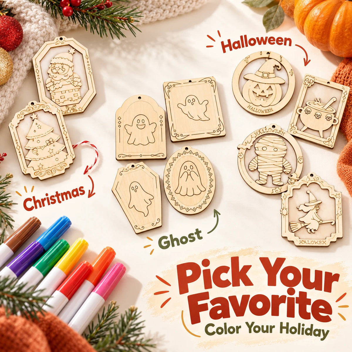 🎨 Color Your Own Holiday Ornament Kit — 12 Markers Included