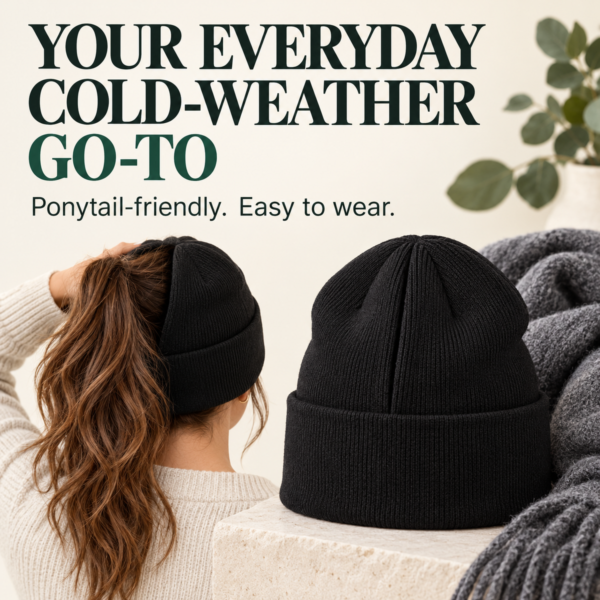 🧶 Magnetic Ponytail Beanie – Cozy Knit Hat with Ear-Covering Cuff