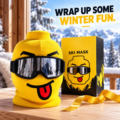 😜 Funny Yellow Ski Mask – Knit Balaclava with 4 Playful Faces ❄️