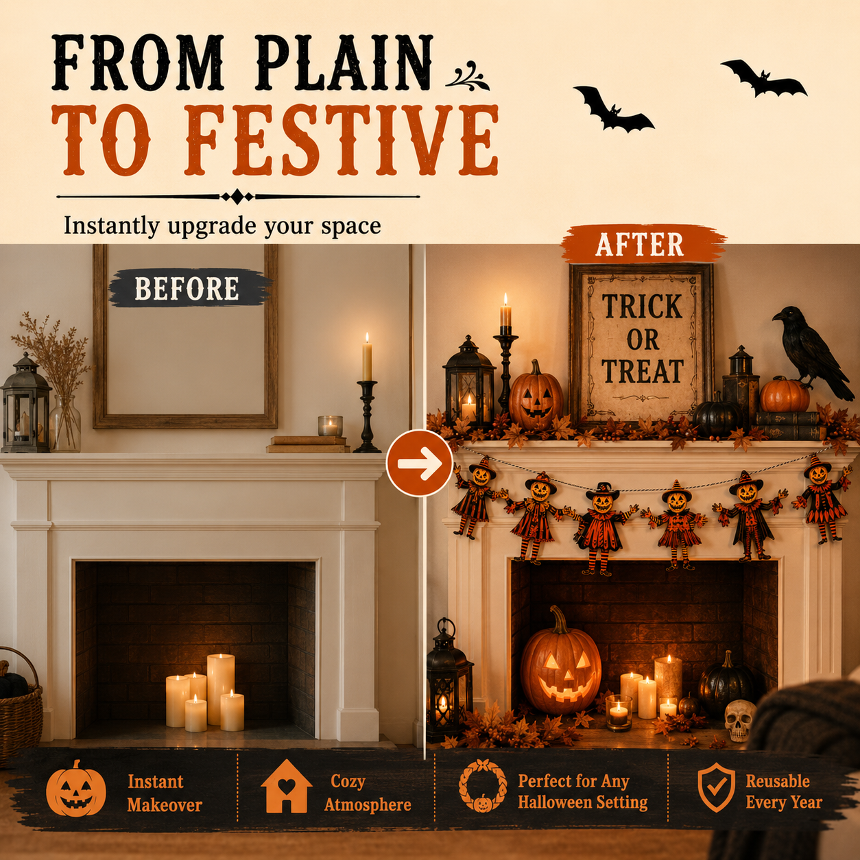 Vintage Wooden Pumpkin Banner (6 Pcs) 🎃