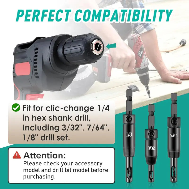 🔧Self-centering drill bit kit - 3/32" 7/64" 1/8" center hinge drill bits for 1/4" hex shank drills