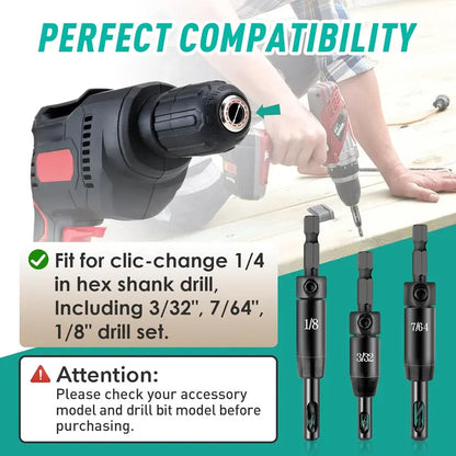 🔧Self-centering drill bit kit - 3/32" 7/64" 1/8" center hinge drill bits for 1/4" hex shank drills