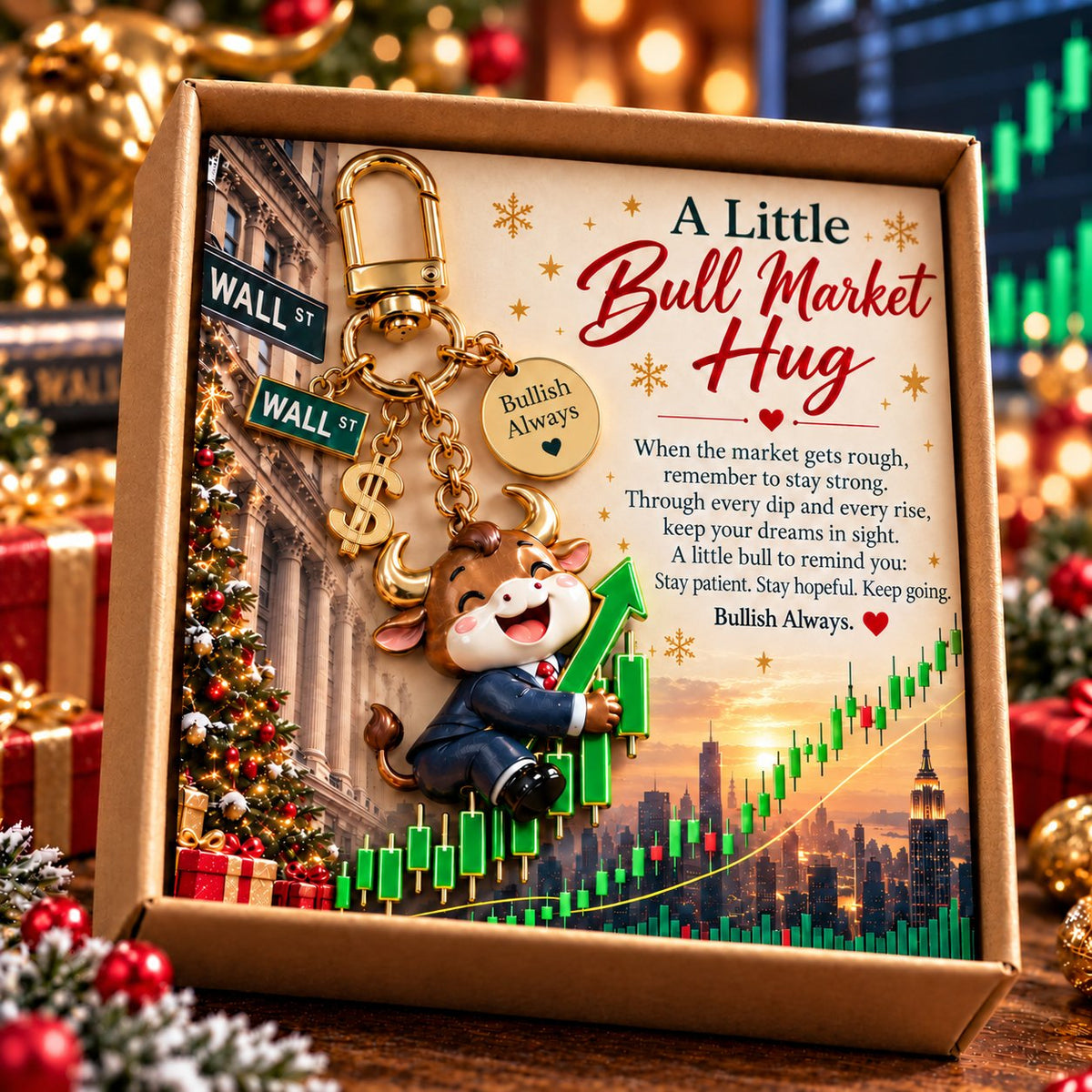 🐂📈  A Little Bull Market Hug – Inspirational Bull Keychain & Message Card Gift Set for Traders and Investors