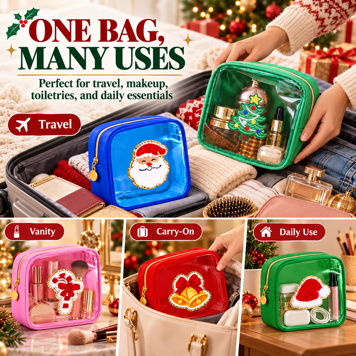 🎄 Christmas Tree-Shaped Transparent Cosmetic Bag — Festive Travel Organizer
