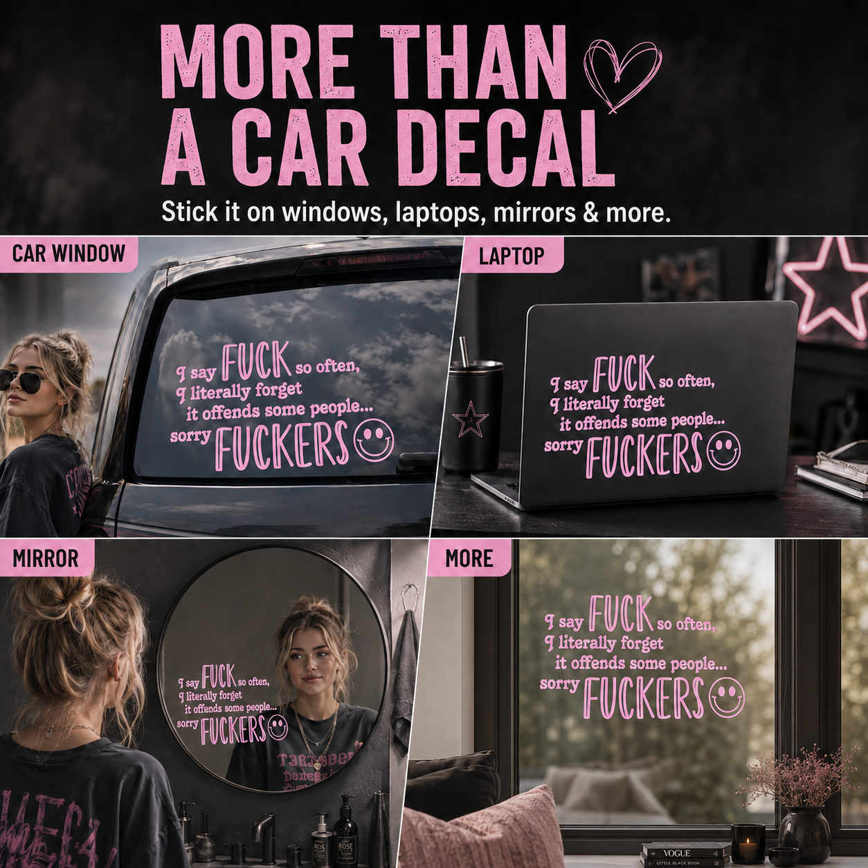 [5-Pack] 😈 Funny Pink Vinyl Car Decals - Sarcastic Quote Bumper Stickers