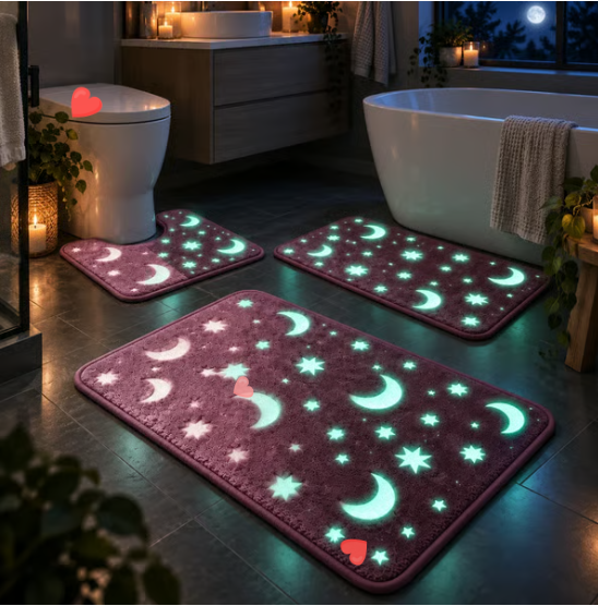 🌙 Glow in the Dark Moon & Star Bath Rugs – Soft 2-Piece Non-Slip Set✨