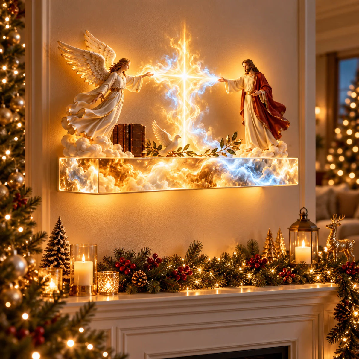 ✝️Illuminated Jesus & Angels Acrylic Wall Art – Heavenly Christian Home Decor 🙏