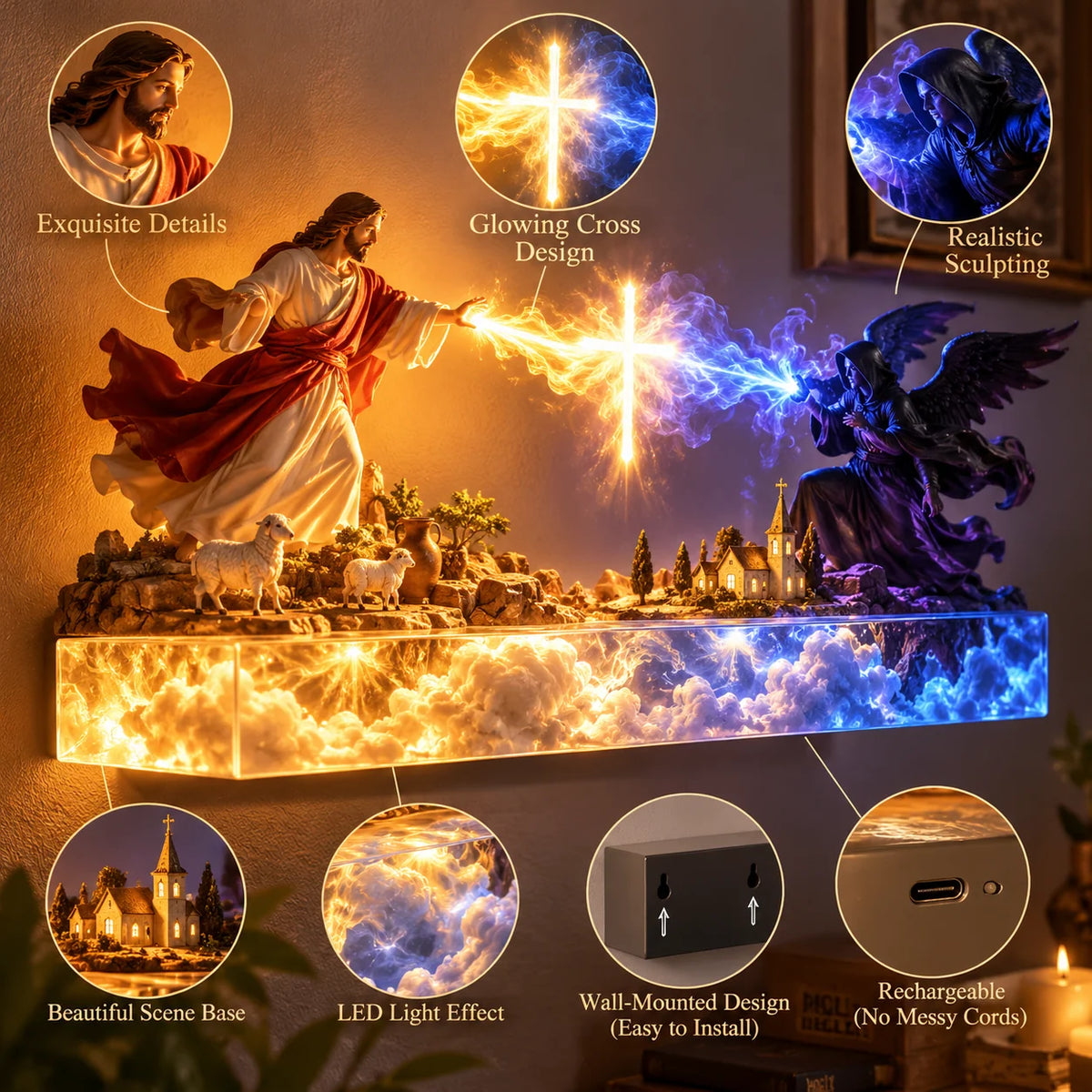 ✝️Illuminated Jesus & Angels Acrylic Wall Art – Heavenly Christian Home Decor 🙏