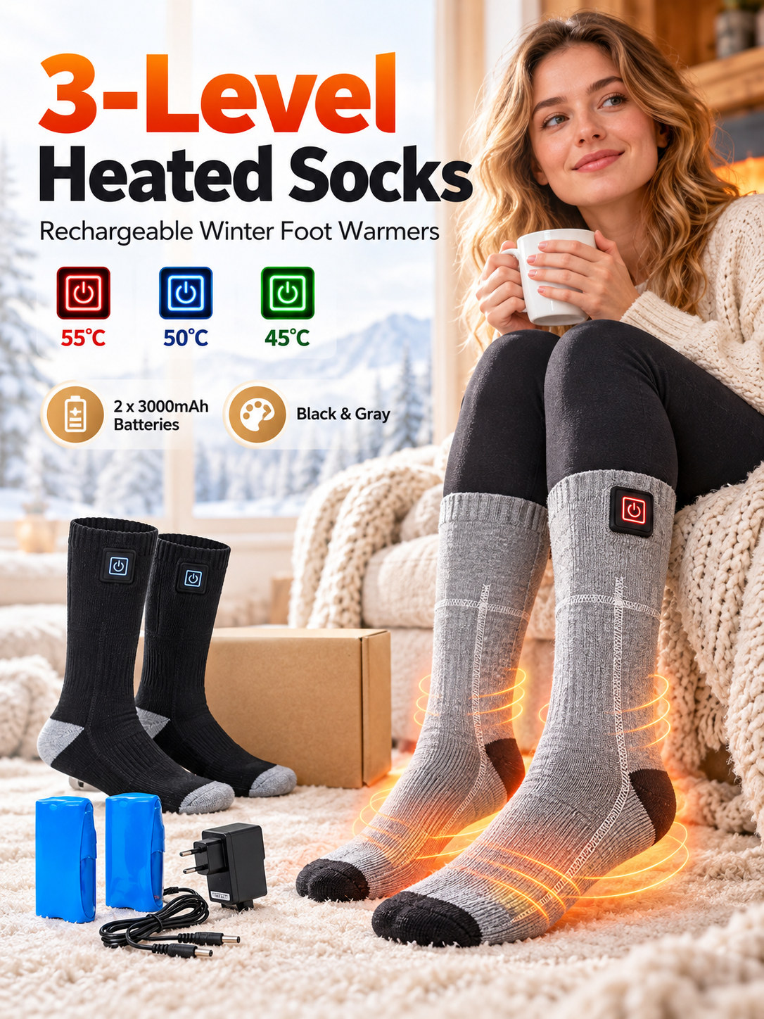 🔥 Rechargeable Heated Socks – 3 Adjustable Heat Levels, 3000mAh Battery Option & Winter Foot Warmth