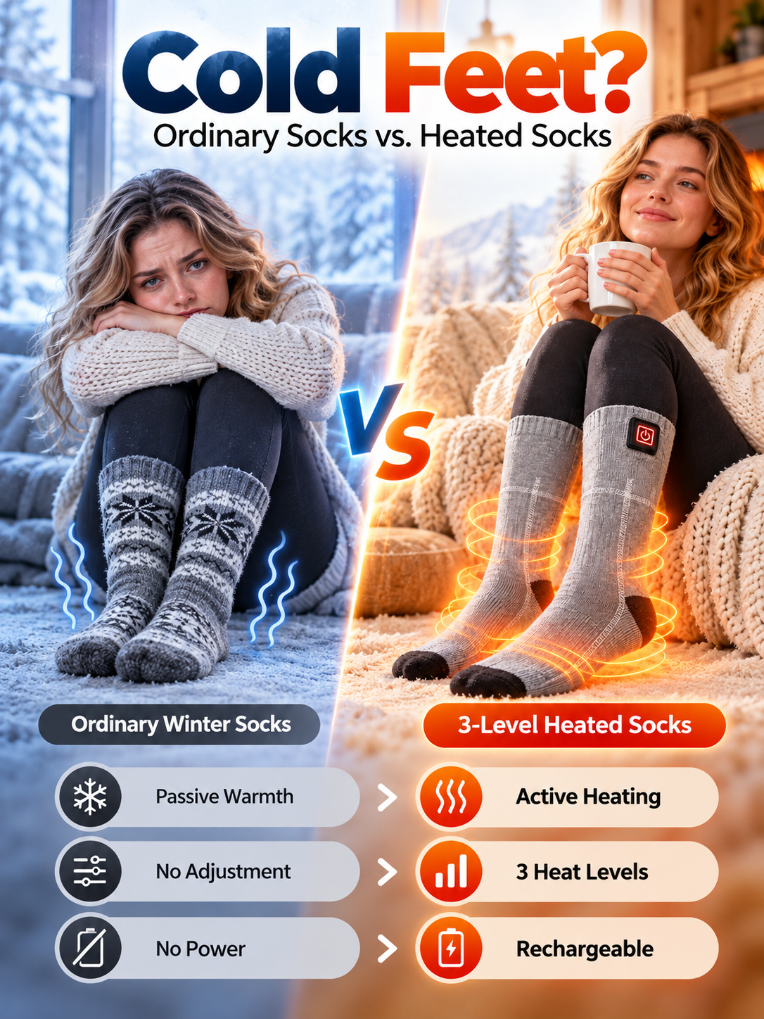 🔥 Rechargeable Heated Socks – 3 Adjustable Heat Levels, 3000mAh Battery Option & Winter Foot Warmth
