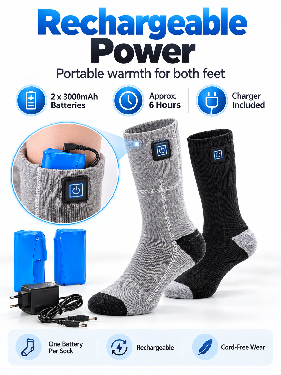 🔥 Rechargeable Heated Socks – 3 Adjustable Heat Levels, 3000mAh Battery Option & Winter Foot Warmth