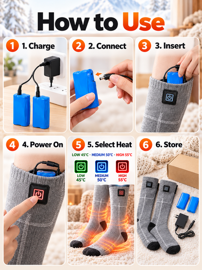 🔥 Rechargeable Heated Socks – 3 Adjustable Heat Levels, 3000mAh Battery Option & Winter Foot Warmth