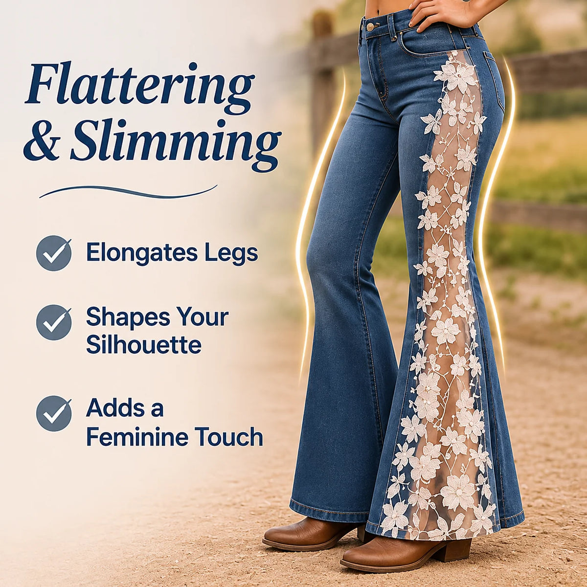 🌸 Women's Floral Lace Panel Flare Jeans – Flattering Western-Inspired Denim